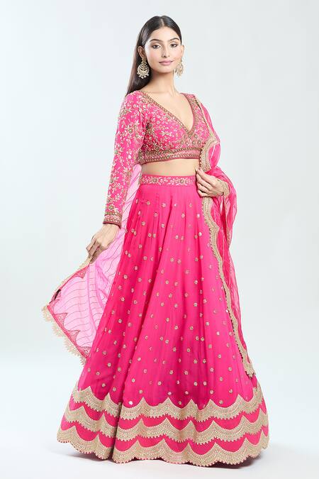 Buy Priti Sahni Pink Georgette, Organza Sequins Plunge Neck Floral Embroidered Lehenga Set Online at Aza Fashions Buy_Priti Sahni_Pink Georgette, Organza Sequins Plunge Neck Floral Embroidered Lehenga Set _Online_at_Aza_Fashions