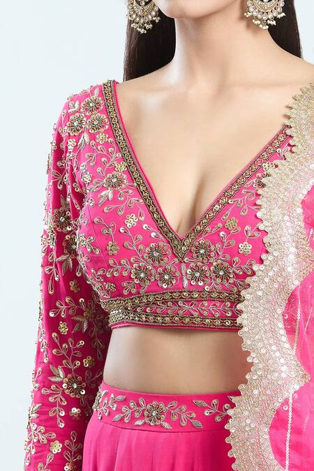 Shop Priti Sahni Pink Georgette, Organza Sequins Plunge Neck Floral Embroidered Lehenga Set Online at Aza Fashions Shop_Priti Sahni_Pink Georgette, Organza Sequins Plunge Neck Floral Embroidered Lehenga Set _Online_at_Aza_Fashions
