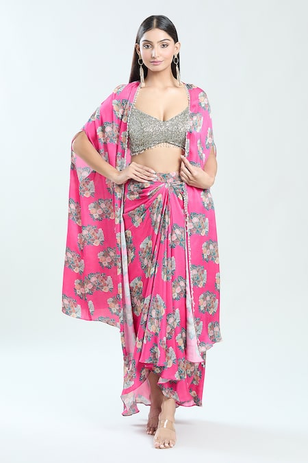 Priti Sahni Floral Print Cape Draped Skirt Set 