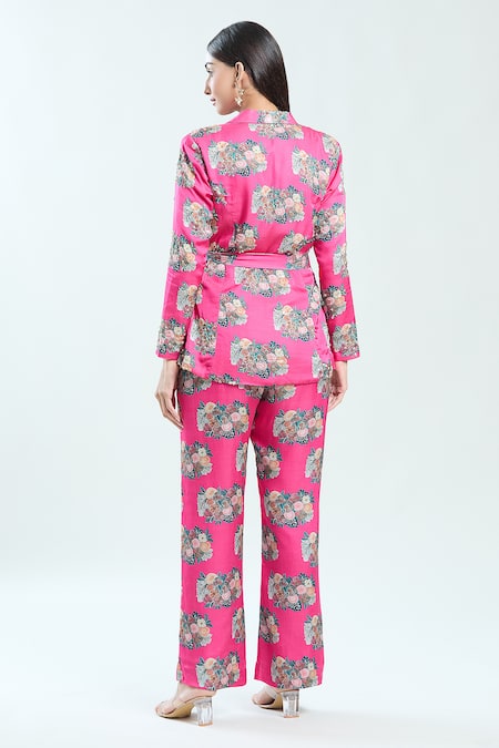 Shop_Priti Sahni_Fuchsia Satin, Silk Sequins, Embroidery Floral Print Blazer And Pant Set _at_Aza_Fashions