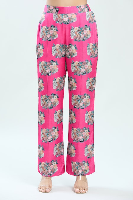 Priti Sahni_Fuchsia Satin, Silk Sequins, Embroidery Floral Print Blazer And Pant Set _Online_at_Aza_Fashions