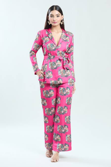Buy_Priti Sahni_Fuchsia Satin, Silk Sequins, Embroidery Floral Print Blazer And Pant Set _Online_at_Aza_Fashions