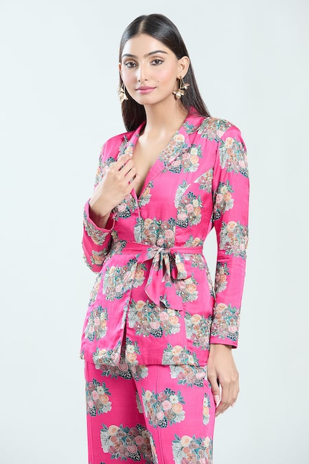 Shop_Priti Sahni_Fuchsia Satin, Silk Sequins, Embroidery Floral Print Blazer And Pant Set _Online_at_Aza_Fashions