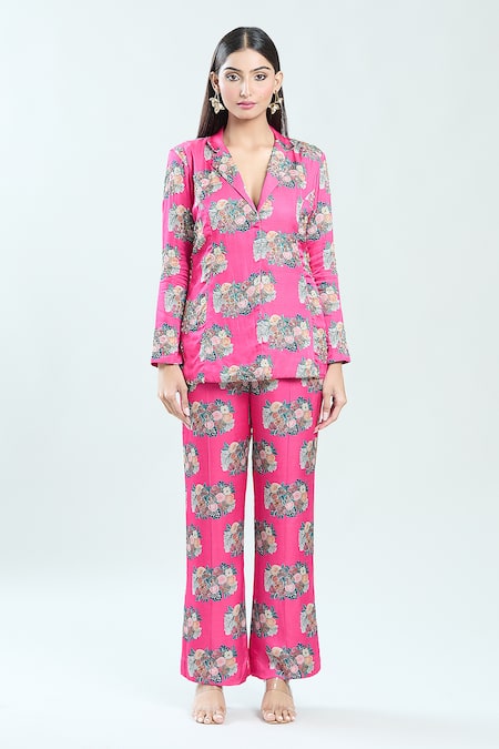 Priti Sahni_Fuchsia Satin, Silk Sequins, Embroidery Floral Print Blazer And Pant Set _at_Aza_Fashions