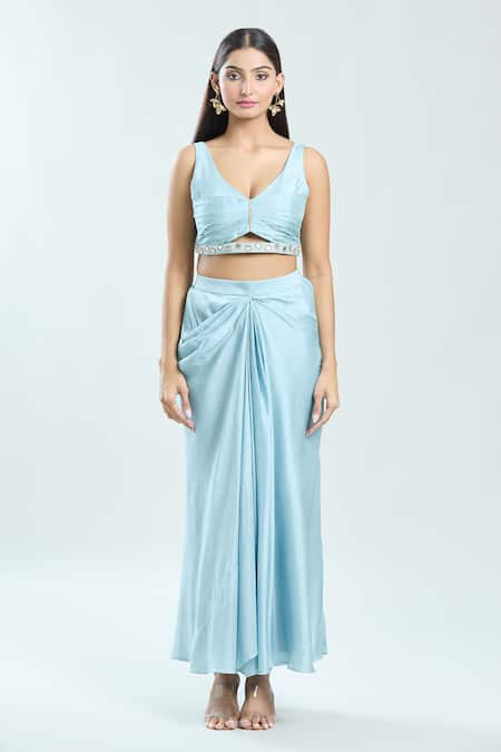 Priti Sahni Pink Satin, Silk Pearls, Mirrors, Floral Print Jacket Draped Skirt Set Online at Aza Fashions Priti Sahni_Pink Satin, Silk Pearls, Mirrors, Floral Print Jacket Draped Skirt Set _Online_at_Aza_Fashions