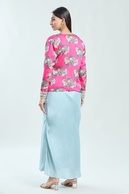 Buy Priti Sahni Pink Satin, Silk Pearls, Mirrors, Floral Print Jacket Draped Skirt Set Online at Aza Fashions Buy_Priti Sahni_Pink Satin, Silk Pearls, Mirrors, Floral Print Jacket Draped Skirt Set _Online_at_Aza_Fashions