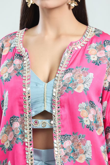 Shop Priti Sahni Pink Satin, Silk Pearls, Mirrors, Floral Print Jacket Draped Skirt Set Online at Aza Fashions Shop_Priti Sahni_Pink Satin, Silk Pearls, Mirrors, Floral Print Jacket Draped Skirt Set _Online_at_Aza_Fashions
