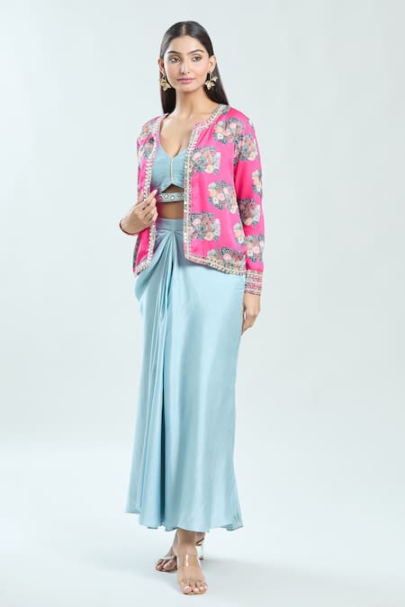 Buy Priti Sahni Pink Satin, Silk Pearls, Mirrors, Floral Print Jacket Draped Skirt Set Buy_Priti Sahni_Pink Satin, Silk Pearls, Mirrors, Floral Print Jacket Draped Skirt Set