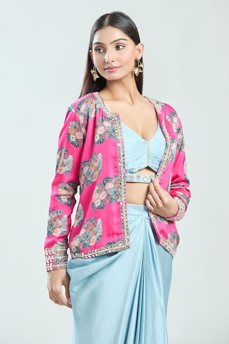 Shop Priti Sahni Pink Satin, Silk Pearls, Mirrors, Floral Print Jacket Draped Skirt Set Shop_Priti Sahni_Pink Satin, Silk Pearls, Mirrors, Floral Print Jacket Draped Skirt Set