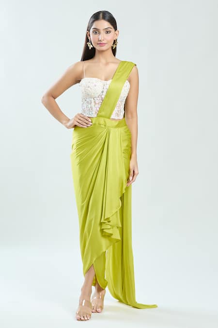 Priti Sahni Yellow Satin Silk Embroidered Sequin Sweetheart Pre-draped Saree With Blouse 