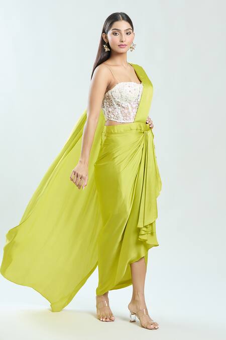 Priti Sahni_Yellow Satin, Net, Silk Sequins, Beads Sweetheart Pre-draped Saree With Blouse _Online_at_Aza_Fashions
