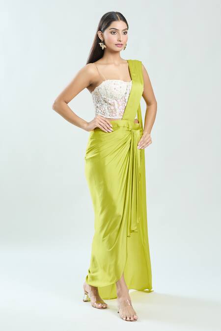Buy_Priti Sahni_Yellow Satin, Net, Silk Sequins, Beads Sweetheart Pre-draped Saree With Blouse _Online_at_Aza_Fashions