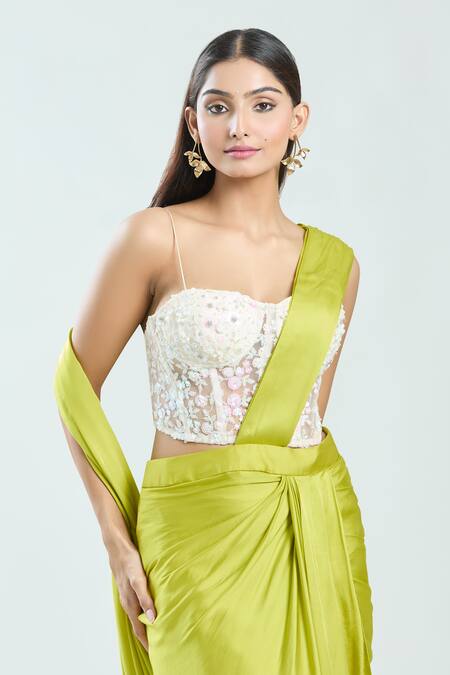 Shop_Priti Sahni_Yellow Satin, Net, Silk Sequins, Beads Sweetheart Pre-draped Saree With Blouse _Online_at_Aza_Fashions