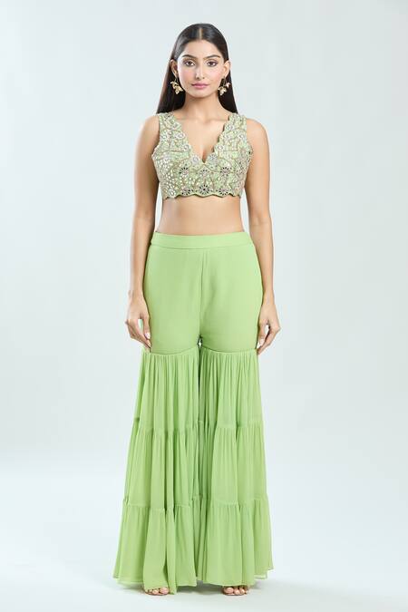 Priti Sahni_Green Silk, Georgette, Organza Embroidery V-neck Raw Cape Sharara Set _Online_at_Aza_Fashions