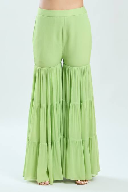 Buy_Priti Sahni_Green Silk, Georgette, Organza Embroidery V-neck Raw Cape Sharara Set _Online_at_Aza_Fashions