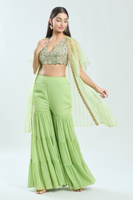 Shop_Priti Sahni_Green Silk, Georgette, Organza Embroidery V-neck Raw Cape Sharara Set _Online_at_Aza_Fashions
