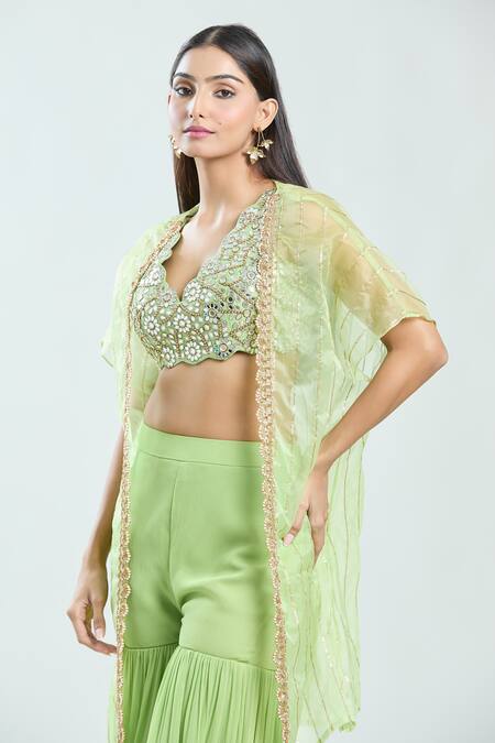 Priti Sahni_Green Silk, Georgette, Organza Embroidery V-neck Raw Cape Sharara Set _at_Aza_Fashions
