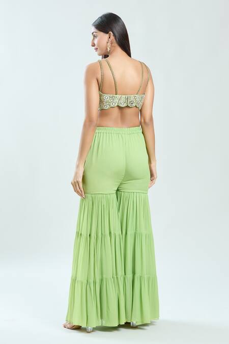 Buy_Priti Sahni_Green Silk, Georgette, Organza Embroidery V-neck Raw Cape Sharara Set 