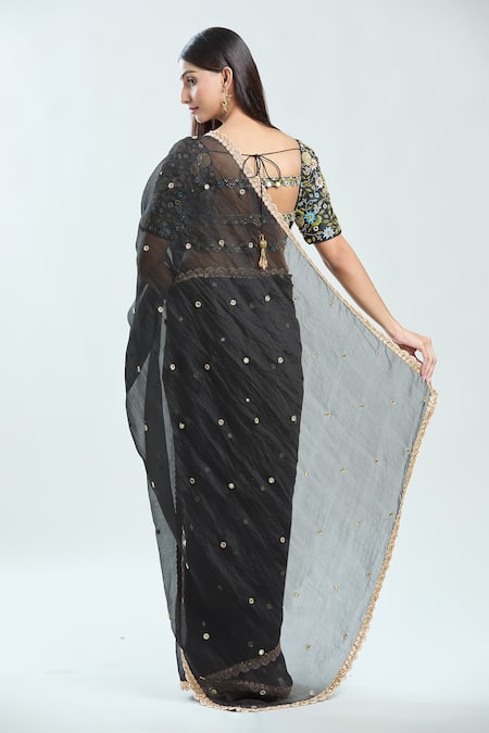Shop_Priti Sahni_Black Silk, Organza Embroidery, Mirrors, Beads V-neck Saree With Blouse _at_Aza_Fashions