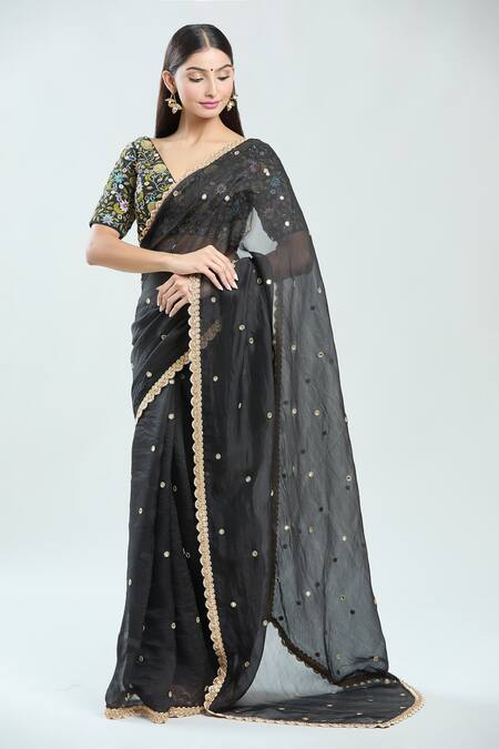 Priti Sahni_Black Silk, Organza Embroidery, Mirrors, Beads V-neck Saree With Blouse _Online_at_Aza_Fashions