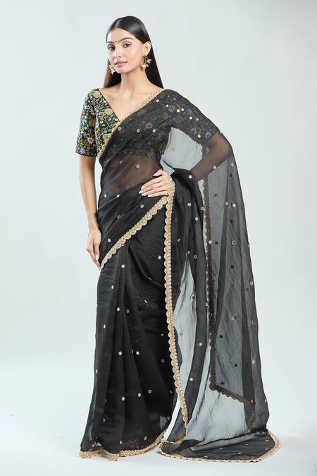 Buy_Priti Sahni_Black Silk, Organza Embroidery, Mirrors, Beads V-neck Saree With Blouse _Online_at_Aza_Fashions