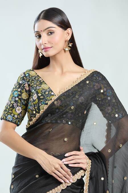 Shop_Priti Sahni_Black Silk, Organza Embroidery, Mirrors, Beads V-neck Saree With Blouse _Online_at_Aza_Fashions