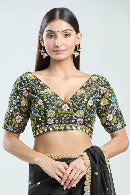 Priti Sahni_Black Silk, Organza Embroidery, Mirrors, Beads V-neck Saree With Blouse _at_Aza_Fashions