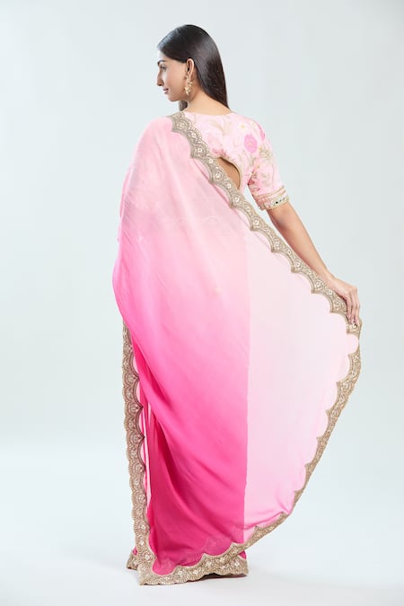Shop Priti Sahni Pink Georgette Sequins V-neck Embroidered Pre-draped Saree With Blouse at Aza Fashions Shop_Priti Sahni_Pink Georgette Sequins V-neck Embroidered Pre-draped Saree With Blouse _at_Aza_Fashions