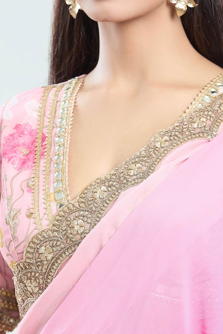 Priti Sahni Pink Georgette Sequins V-neck Embroidered Pre-draped Saree With Blouse Online at Aza Fashions Priti Sahni_Pink Georgette Sequins V-neck Embroidered Pre-draped Saree With Blouse _Online_at_Aza_Fashions