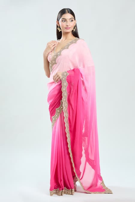 Buy Priti Sahni Pink Georgette Sequins V-neck Embroidered Pre-draped Saree With Blouse Online at Aza Fashions Buy_Priti Sahni_Pink Georgette Sequins V-neck Embroidered Pre-draped Saree With Blouse _Online_at_Aza_Fashions