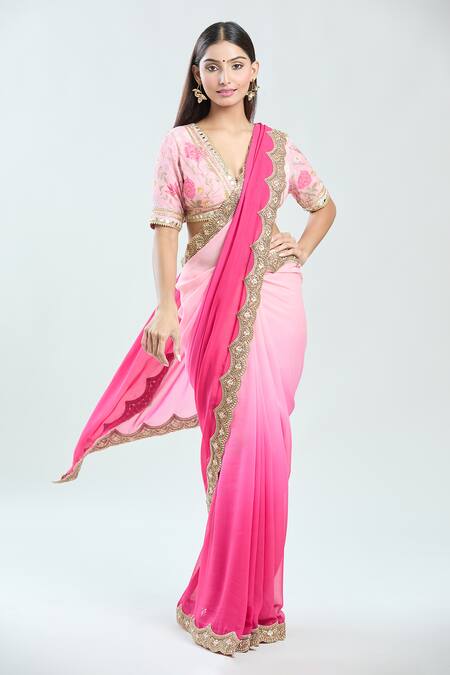 Shop Priti Sahni Pink Georgette Sequins V-neck Embroidered Pre-draped Saree With Blouse Online at Aza Fashions Shop_Priti Sahni_Pink Georgette Sequins V-neck Embroidered Pre-draped Saree With Blouse _Online_at_Aza_Fashions