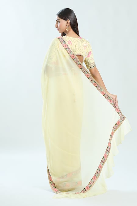 Shop Priti Sahni Yellow Georgette Gota Patti, Mirrors V-neck Embroidered Border Saree With Blouse at Aza Fashions Shop_Priti Sahni_Yellow Georgette Gota Patti, Mirrors V-neck Embroidered Border Saree With Blouse _at_Aza_Fashions