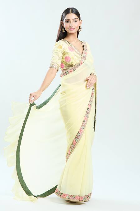 Priti Sahni Yellow Georgette Gota Patti, Mirrors V-neck Embroidered Border Saree With Blouse Online at Aza Fashions Priti Sahni_Yellow Georgette Gota Patti, Mirrors V-neck Embroidered Border Saree With Blouse _Online_at_Aza_Fashions