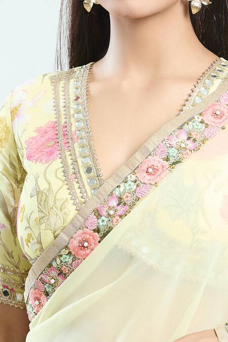 Buy Priti Sahni Yellow Georgette Gota Patti, Mirrors V-neck Embroidered Border Saree With Blouse Online at Aza Fashions Buy_Priti Sahni_Yellow Georgette Gota Patti, Mirrors V-neck Embroidered Border Saree With Blouse _Online_at_Aza_Fashions