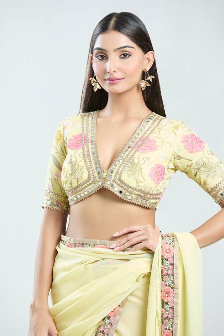 Shop Priti Sahni Yellow Georgette Gota Patti, Mirrors V-neck Embroidered Border Saree With Blouse Online at Aza Fashions Shop_Priti Sahni_Yellow Georgette Gota Patti, Mirrors V-neck Embroidered Border Saree With Blouse _Online_at_Aza_Fashions