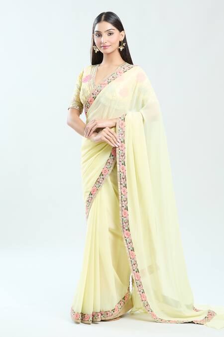 Priti Sahni Yellow Georgette Gota Patti, Mirrors V-neck Embroidered Border Saree With Blouse at Aza Fashions Priti Sahni_Yellow Georgette Gota Patti, Mirrors V-neck Embroidered Border Saree With Blouse _at_Aza_Fashions