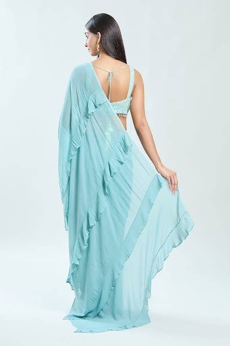 Priti Sahni_Blue Georgette Sequins, Tassels Plain Pre-draped Saree With Embroidered Jacket _Online_at_Aza_Fashions