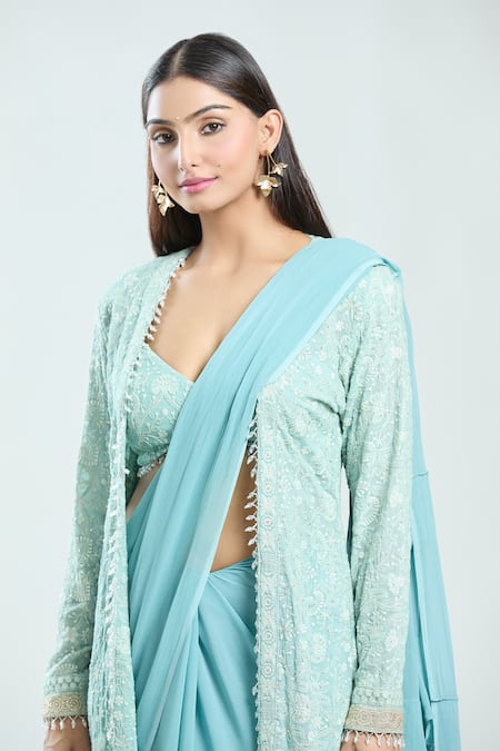 Shop_Priti Sahni_Blue Georgette Sequins, Tassels Plain Pre-draped Saree With Embroidered Jacket _Online_at_Aza_Fashions