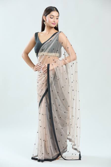 Priti Sahni_Beige Silk, Net Pearls, Cut Work, Embroidery V-neck Salli Saree With Blouse _Online_at_Aza_Fashions