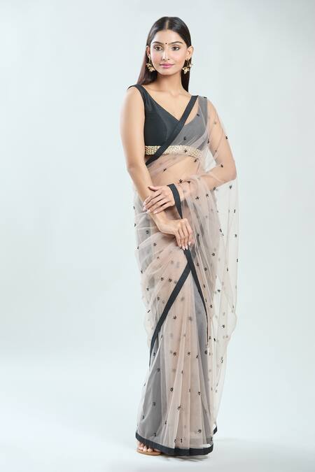 Buy_Priti Sahni_Beige Silk, Net Pearls, Cut Work, Embroidery V-neck Salli Saree With Blouse _Online_at_Aza_Fashions