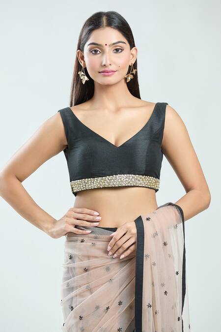 Shop_Priti Sahni_Beige Silk, Net Pearls, Cut Work, Embroidery V-neck Salli Saree With Blouse _Online_at_Aza_Fashions