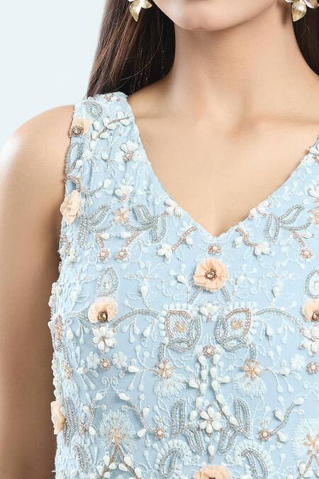 Priti Sahni_Blue Georgette Beads V-neck Short Sheath 3d Embroidered Dress _Online_at_Aza_Fashions