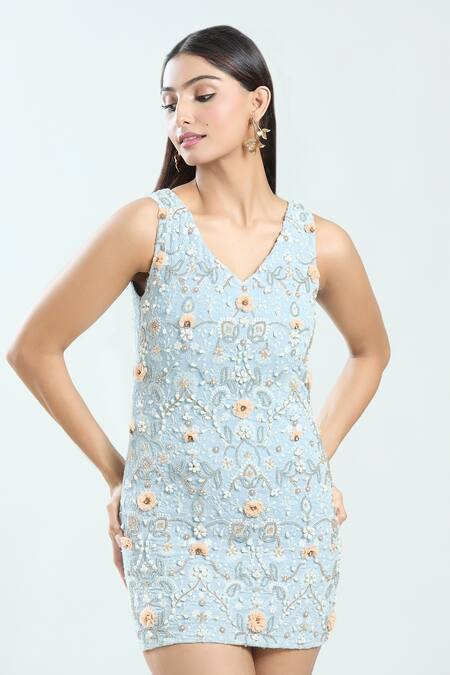 Priti Sahni_Blue Georgette Beads V-neck Short Sheath 3d Embroidered Dress _at_Aza_Fashions