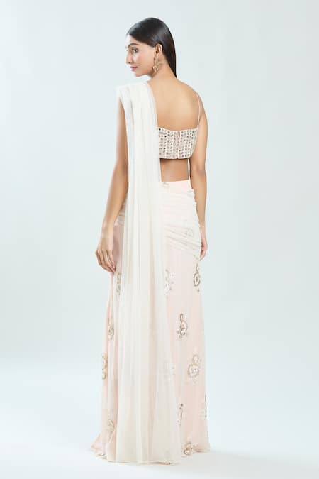 Priti Sahni Floral Embroidered Pre-Draped Saree With Blouse 