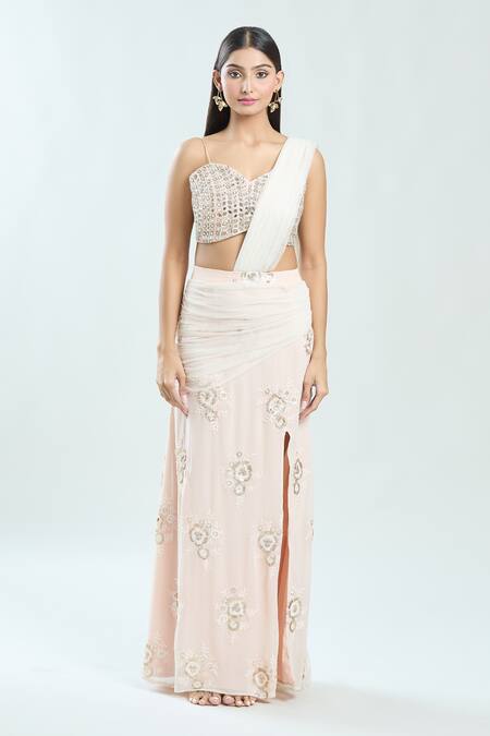 Priti Sahni_Pink Georgette, Silk Sequins, Embroidery, Floral Pre-draped Saree With Blouse _at_Aza_Fashions