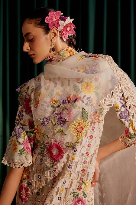 Shop_Chandrima_Ivory Silk Organza Embroidery, Cut Work Floral Thread Dupatta _at_Aza_Fashions