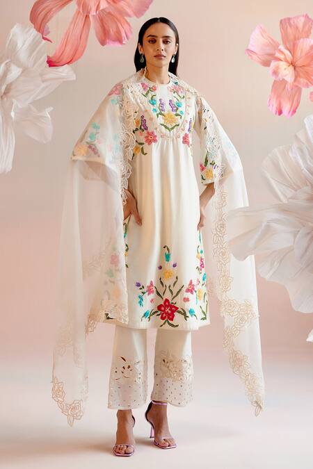 Shop_Chandrima_Ivory Silk Organza Embroidery Rose Border Cutwork Dupatta _at_Aza_Fashions