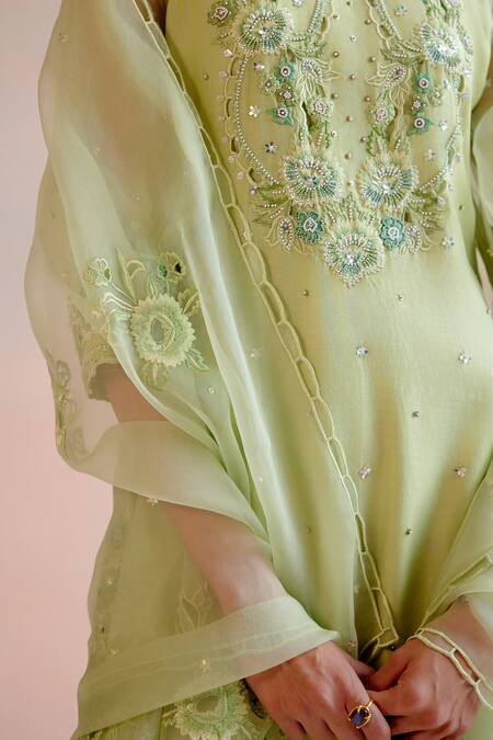 Chandrima Green Silk Organza Cut Work, Embroidery Flower Cutwork Dupatta Online at Aza Fashions Chandrima_Green Silk Organza Cut Work, Embroidery Flower Cutwork Dupatta _Online_at_Aza_Fashions