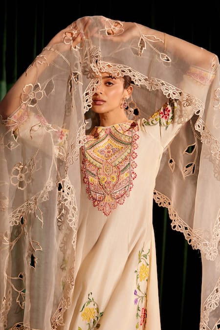 Shop_Chandrima_Ivory Silk Organza Cut Work Heavy Flower Embroidered Dupatta _at_Aza_Fashions