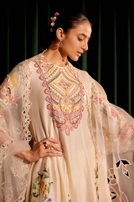 Chandrima_Ivory Silk Organza Cut Work Heavy Flower Embroidered Dupatta _Online_at_Aza_Fashions